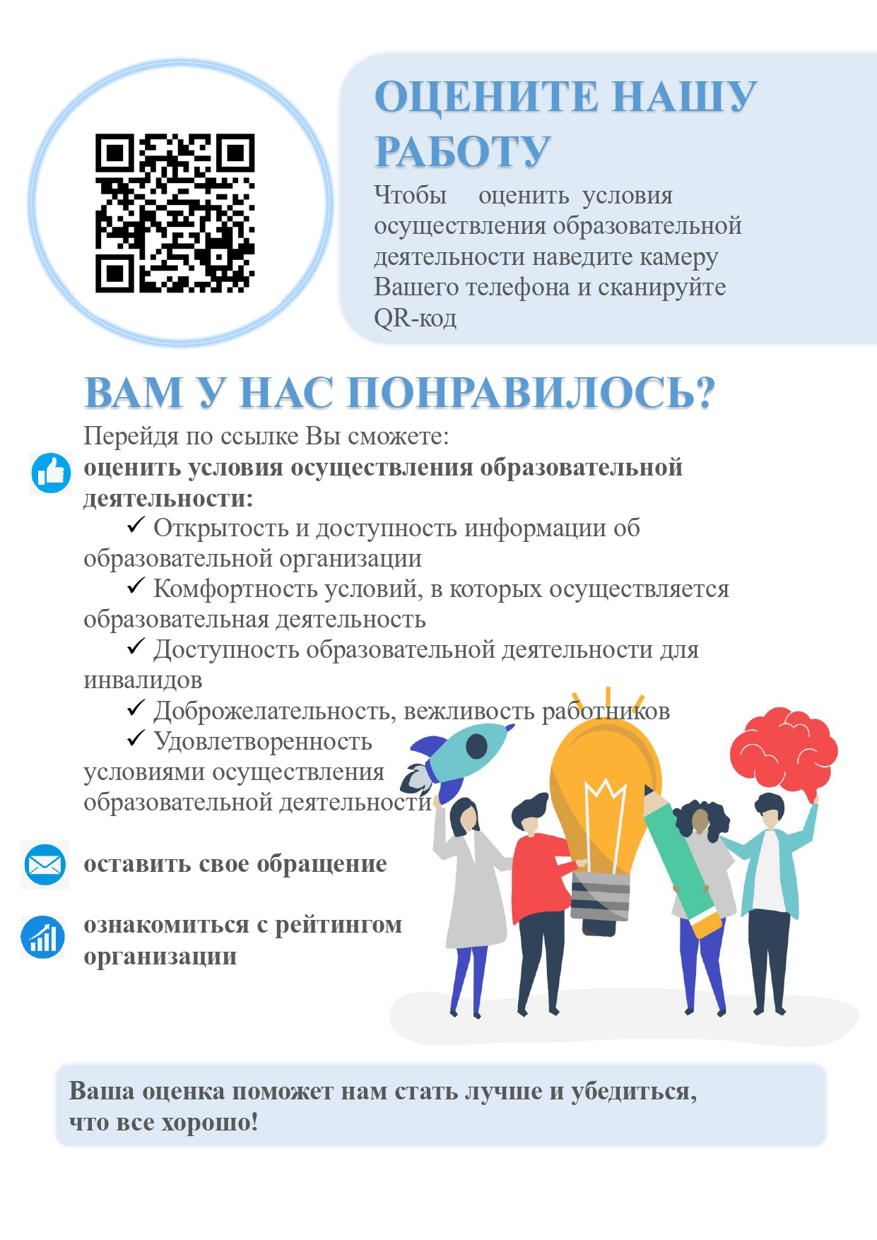 Чтобы оценить условия осуществления образовательной деятельности  используете QR-код